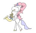 Cute fabulous unicorn isolated on a white background. Unicorns playing saxophone.